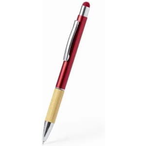 A pen with a red metal body and a bamboo grip, featuring a silver clip and stylus tip.