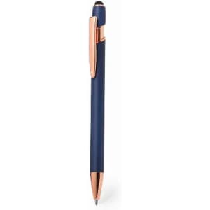 A pen with a navy blue barrel and rose gold accents, featuring a sleek design and a clip.