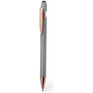 A grey pen with rose gold accents and a sleek design, featuring a clip and a touch screen stylus.