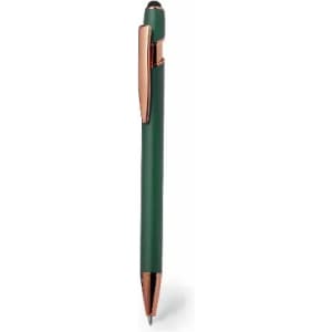 A pen features a dark green barrel with a rose gold clip and tip. It has a sleek, modern design.