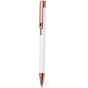 A pen with a white barrel and rose gold accents, featuring a shiny finish and a logo on the barrel.