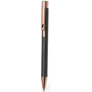 A pen with a black grip and rose gold accents. It features a click mechanism and a textured surface for grip.