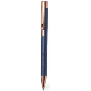 A pen with a navy blue body and rose gold accents, featuring a sleek design and a metal clip.