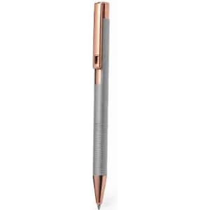 A pen with a grey barrel and rose gold accents, featuring a textured grip and a sleek design.