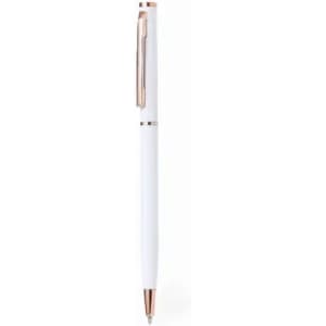 A pen with a white body and rose gold accents, featuring a clip and a retractable tip.