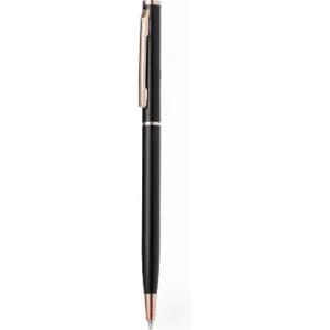 A black pen with a sleek design and a rose gold clip. The pen features a simple yet elegant appearance.