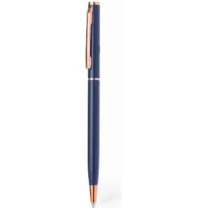 A pen with a navy blue body and rose gold accents, featuring a clip and a smooth finish.