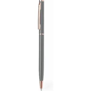 A pen featuring a grey body with a rose gold clip and accents, showcasing a sleek design.