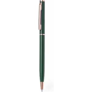 A green pen with a rose gold clip and accents, featuring a sleek design. It has a polished finish and logo branding.