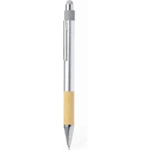 A pen featuring a silver barrel with a bamboo grip, including a clip and a stylus tip.