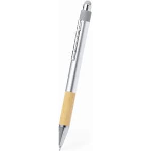 A silver and wooden pen with a sleek design and a stylus tip, showcasing a modern look. It features a logo.