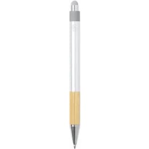 A pen featuring a clear barrel with a bamboo grip and a silver clip. It has a rounded top and a metallic tip.