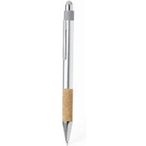 A silver pen with a cork grip and a chrome clip, featuring a smooth writing tip.