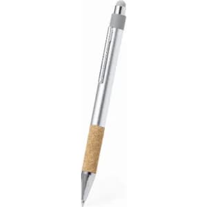 A silver pen with a cork grip and a chrome tip, featuring a sleek metallic design.