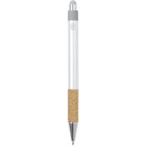 A pen with a white barrel, silver accents, and a cork grip. It features a logo on the upper section.