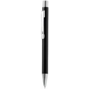 A black pen with a silver clip and tip, featuring a sleek, minimalist design.