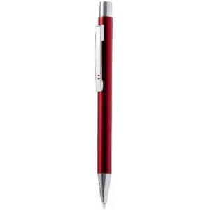 A red pen with a silver clip and a chrome tip, featuring a sleek, modern design.