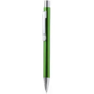 A green pen with a silver clip and a metallic finish, featuring a sleek design and a smooth writing tip.