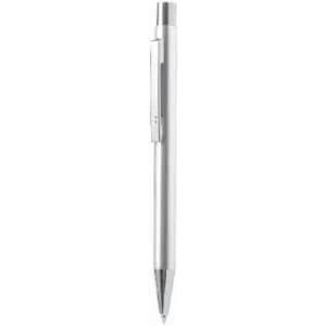A silver pen with a sleek design, featuring a clip and a shiny finish.