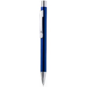 A blue pen with a silver clip and a shiny chrome tip. It features a sleek, cylindrical design.