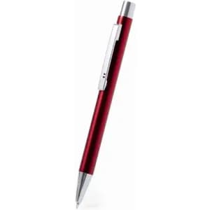A red metal pen with a silver clip and a pointed tip. It features a sleek design and has a metallic finish.
