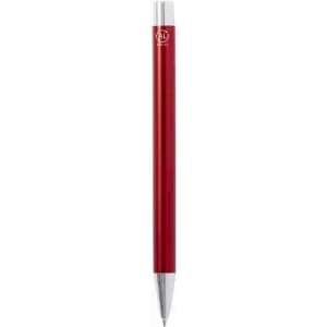 A red metal pen with a silver tip and branding on the barrel.