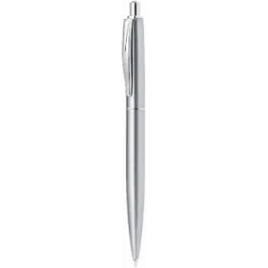 A silver pen with a sleek design and a clip for easy attachment.