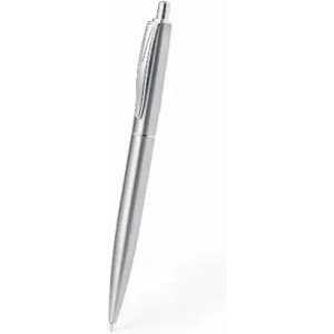 A silver ballpoint pen with a sleek design and a clip at the top. It features a shiny metallic finish.