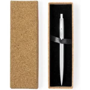 A sleek silver pen presented in a textured brown box with a black inner lining.