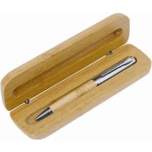 A pen with a bamboo grip in a matching bamboo case. The pen has a silver metal tip and clip.