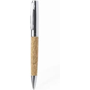A pen featuring a chrome top and a natural cork grip, with a sleek, minimalist design.
