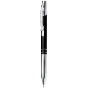 A black pen with chrome accents, featuring a smooth design and a clip for easy attachment.