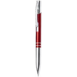 A pen featuring a shiny silver clip and accents, with a vibrant red barrel and metallic finish.