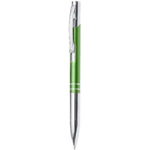A green pen with a chrome clip and accents, featuring a sleek design and a smooth finish.