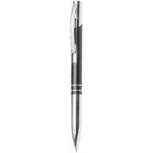 A pen with a black barrel and a silver clip, featuring a chrome tip and decorative rings.