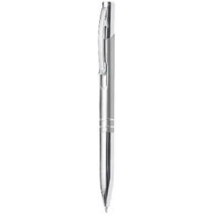 A silver pen with a shiny metal finish and a clip for attachment.