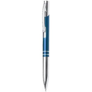 A blue pen with a chrome clip and accents, featuring a sleek design and a shiny barrel.