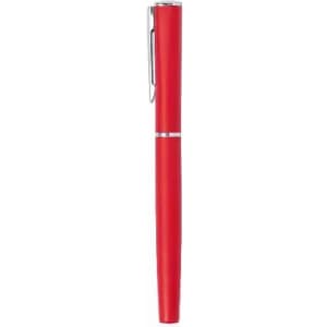 A red pen with a sleek design and a metal clip. The pen features a shiny finish and is elegantly styled.