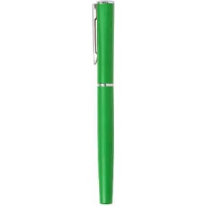 A green pen with a silver clip and a smooth finish, featuring a sleek design and a branding logo.