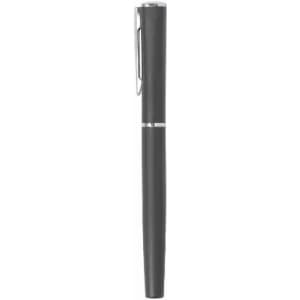 A pen in black with a silver clip and detailing, featuring a sleek, minimalist design.