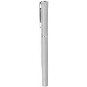 A pen in a sleek silver finish with a clip and a minimalist design.