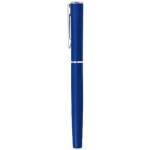 A blue pen with a sleek design and silver clip, featuring a shiny finish.