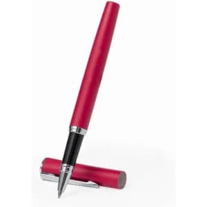 A red pen with a sleek design, resting on its metal cap. It has a shiny silver clip and tip.