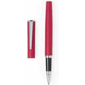 A red pen and its silver cap, featuring a sleek design and chrome accents. The pen has a smooth, glossy finish.