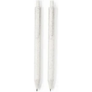 A pair of white pens with speckles, featuring a clear casing and black ink. Each pen includes a logo on the barrel.