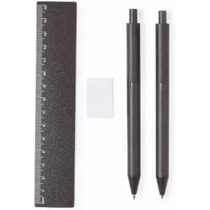 A black ruler, two black pens, and a small white eraser. The items are arranged neatly on a white background.