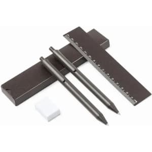 A stationery set featuring two black pens, a ruler, and an eraser, all neatly arranged in a box.