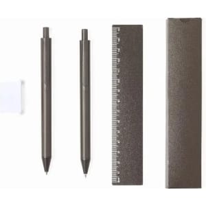 A set of two black pens and a grey ruler, arranged neatly with a white backing. The products have a sleek design.