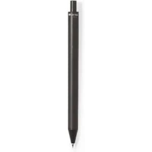 A black pen with a sleek design and a pointed tip, featuring a branding logo at the top.