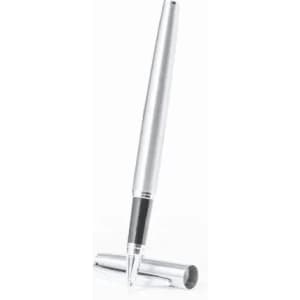 A sleek silver pen with a black accent, positioned upright alongside its cap.